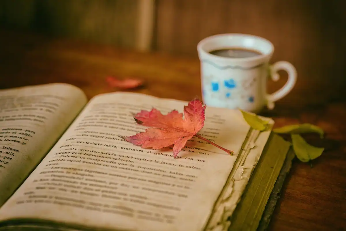 Carte deschisă cu o frunză roșie pe pagini și o ceașcă de cafea alături