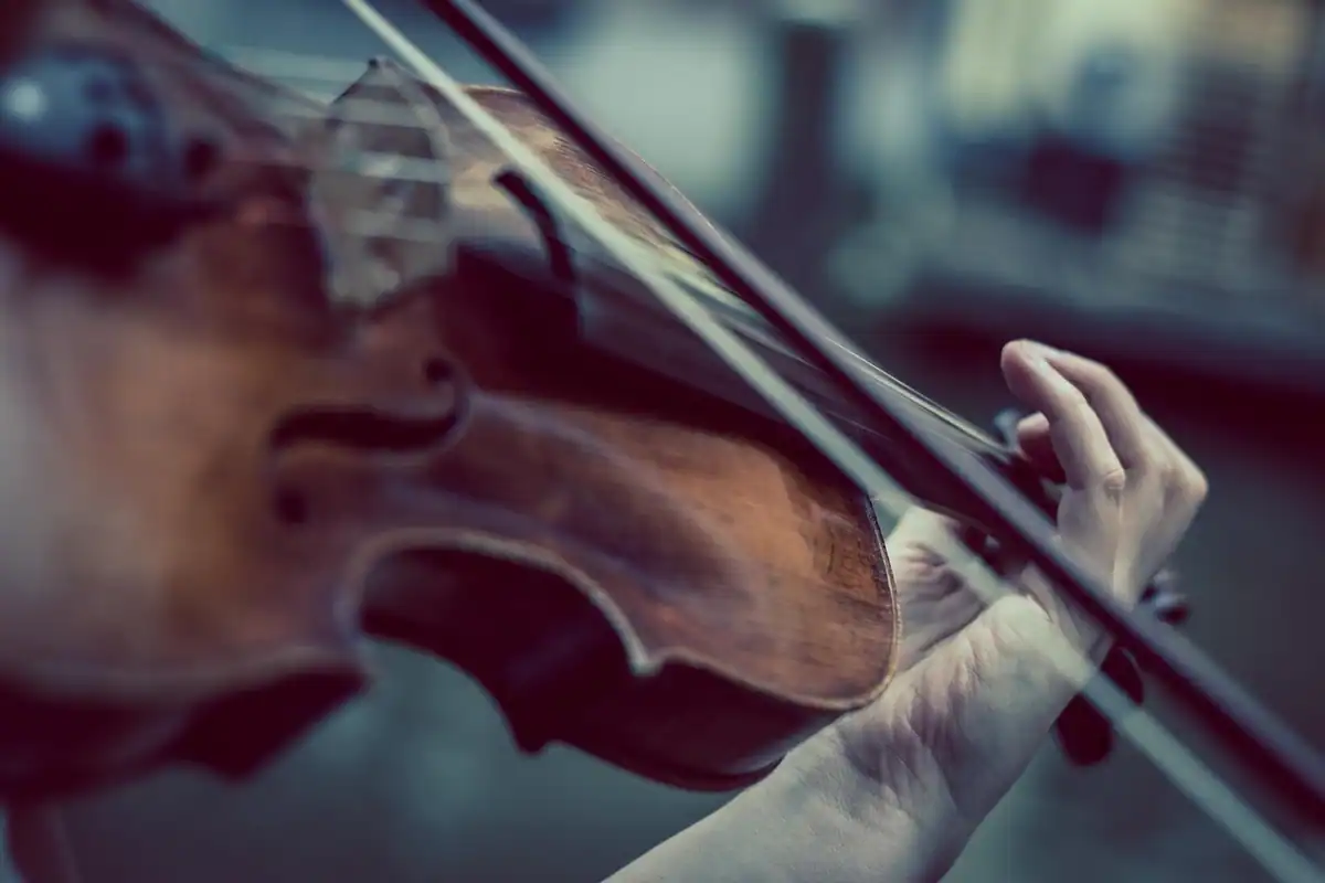 Mâna unui violonist și arcușul pe corzile unei viori, văzute de aproape